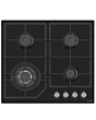 Teknix BITK260GHB 4 Burner 60cm Gas Hob, FFD Front Controls, Cast Iron Pan Supports, 3.4Kw Wok Burne