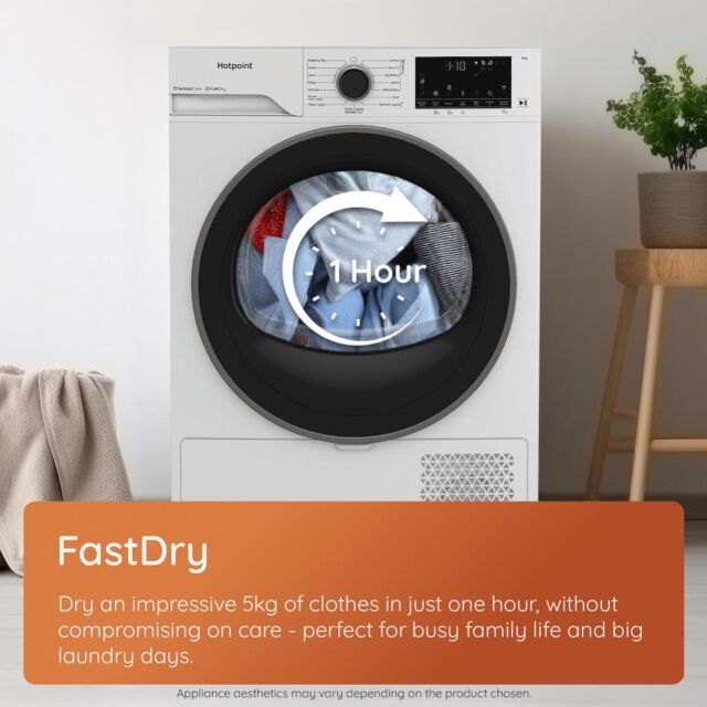 Hotpoint CHD84MWBSUK Fabric Care Freestanding 8kg Heat Pump Tumble Dryer with HomeWhiz