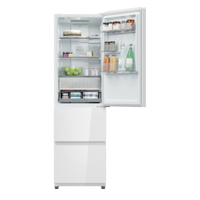 Haier HTR3518DNGWK 3D 55 Series 3 Freestanding Fridge Freezer - White Glass - D Rated