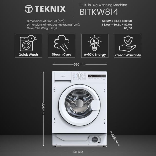 Teknix BITKW814 8Kg 1400Spin Integrated Washer, White