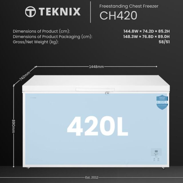 Teknix CH420W 420L Chest Freezer, White W144.9Cm