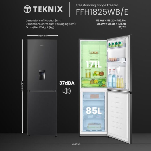Teknix FFH1825WB/E 55cm 50/50 Fridge Freezer Total No Frost with Water Dispenser - Black