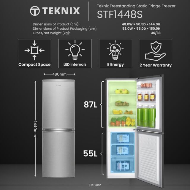 Teknix STF1448S Fridge Freezer 87/55 litres, E rated, Glass Shelves, 3 Drawers, H1440mm, W480mm 