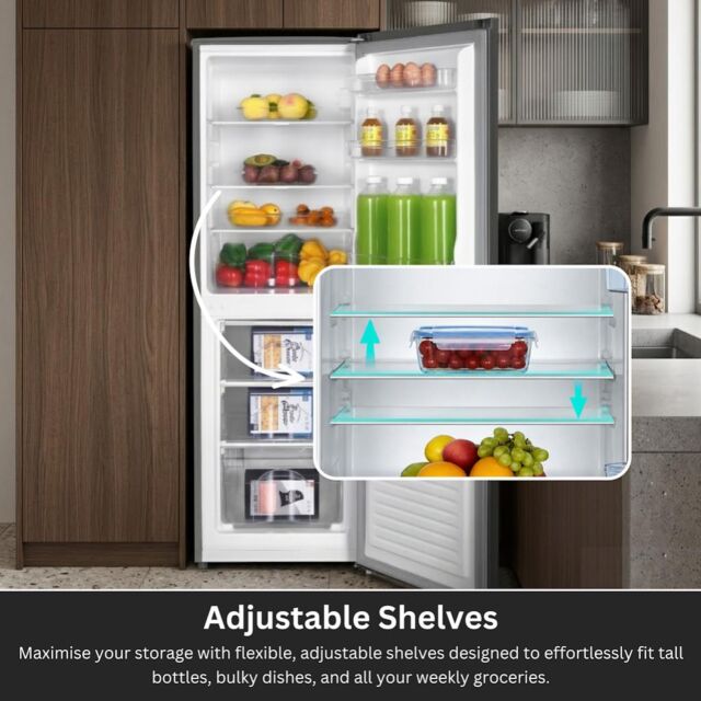Teknix STF1448S Fridge Freezer 87/55 litres, E rated, Glass Shelves, 3 Drawers, H1440mm, W480mm 