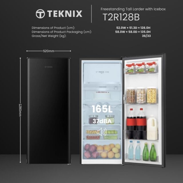 Teknix T2R128B 52cm Retro Fridge with Ice Box - Black
