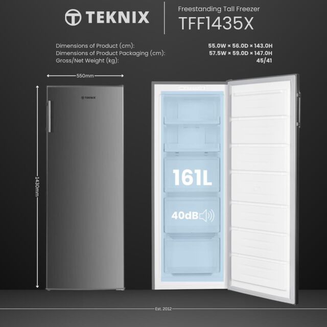Teknix TFF1435X 143 X 55 X 60 Tall Frost Free Freezer Silver