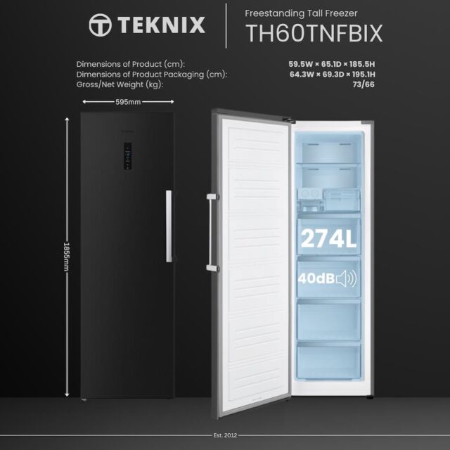 Teknix TH60TNFBIX 60cm Tall Freezer Total No Frost with Metal Tech Cooling - Black Steel