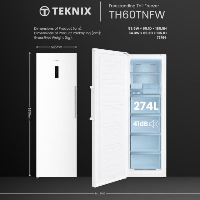 Teknix TH60TNFW 60cm Tall Freezer Total No Frost with Metal Tech Cooling - White