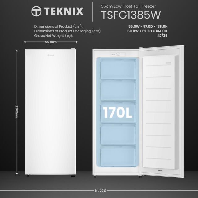 Teknix TSFG1385W 161L Single Door Freezer, White 55X138cm 