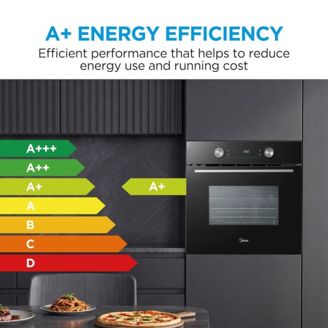 Midea Xpress Fry MBO65P90E3-BK Multifunction Built-In Single Oven with Pyrolytic Cleaning - Black - A+ Rated