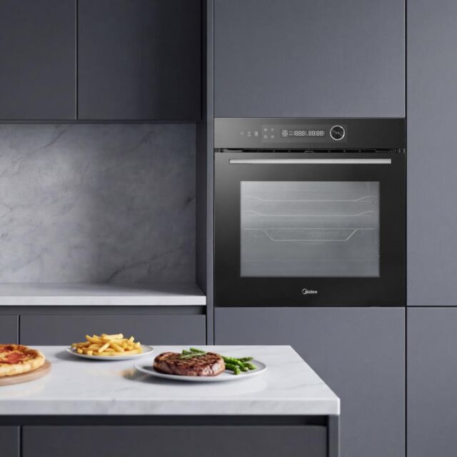 Midea Xpress Fry MBO7NP30E4-BK Mono-Dial Built-In Single Oven with Dual Pyrolytic/Aqua Cleaning - Black - A++ Rated
