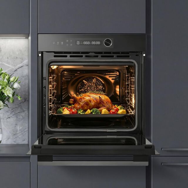 Midea Xpress Fry MBO7NP30E4-BK Mono-Dial Built-In Single Oven with Dual Pyrolytic/Aqua Cleaning - Black - A++ Rated