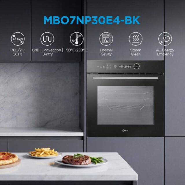 Midea Xpress Fry MBO7NP30E4-BK Mono-Dial Built-In Single Oven with Dual Pyrolytic/Aqua Cleaning - Black - A++ Rated