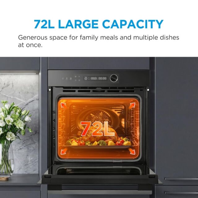 Midea Xpress Fry MBO7NP30E4-BK Mono-Dial Built-In Single Oven with Dual Pyrolytic/Aqua Cleaning - Black - A++ Rated