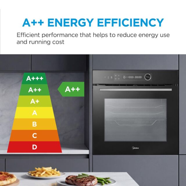 Midea Xpress Fry MBO7NP30E4-BK Mono-Dial Built-In Single Oven with Dual Pyrolytic/Aqua Cleaning - Black - A++ Rated