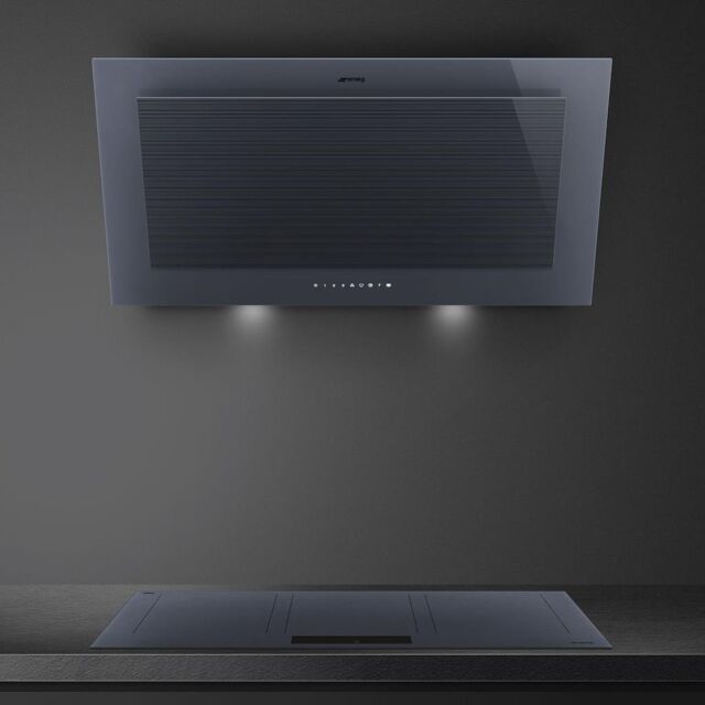 Smeg KV194G 90cm Linea Angled Chimney Auto Vent 2.0 Hood, Neptune Grey