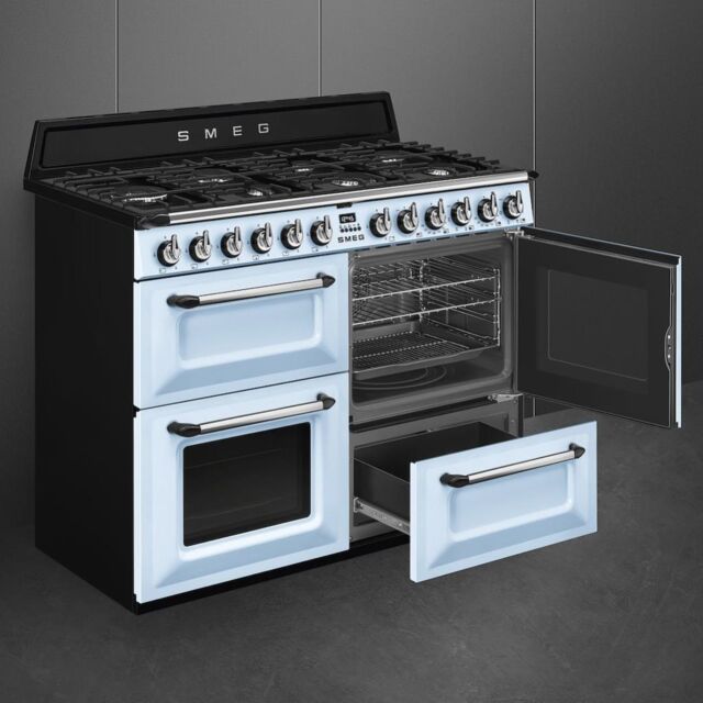Smeg TR4110AZ 110cm Victoria Dual Fuel Range Cooker, Pastel Blue