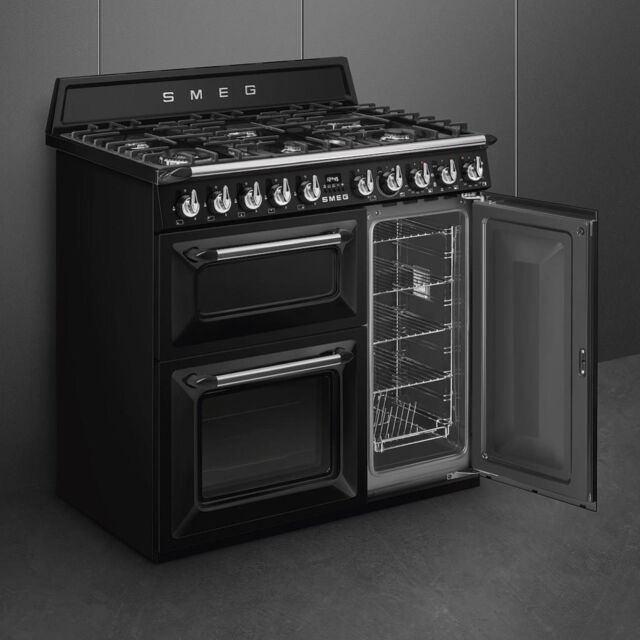 Smeg TR93BL 90cm Victoria Dual Fuel Range Cooker, Black