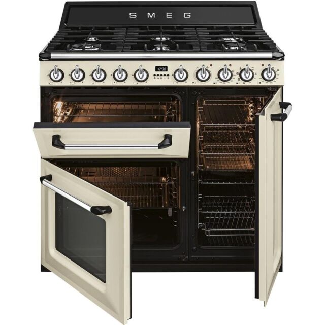 Smeg TR93P 90cm Victoria Dual Fuel Range Cooker, Cream