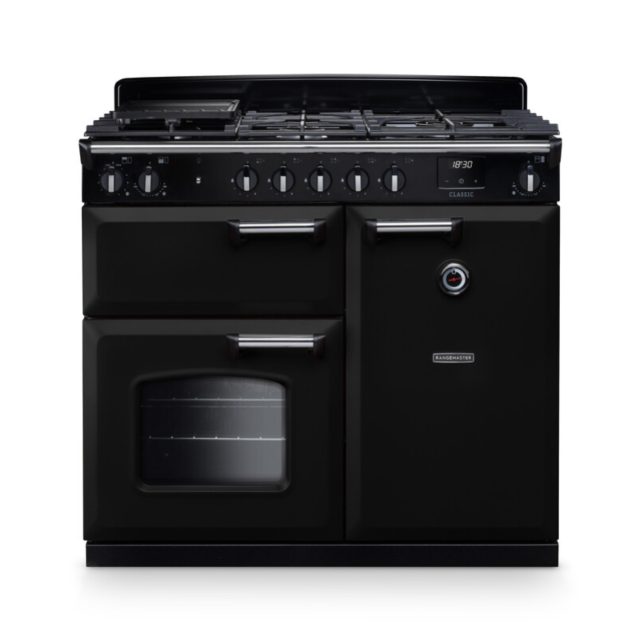 Rangemaster CL100DFPGBL/CM1 Classic 100 Dual Fuel Range Cooker - Gloss Black - A Rated