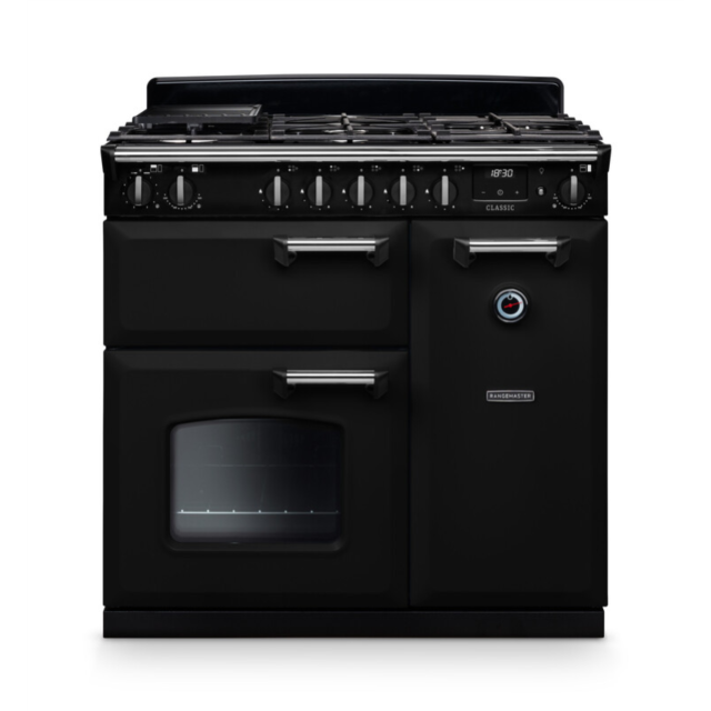 Rangemaster CL90DFPGBL/CM1 Classic 90 Dual Fuel Range Cooker - Gloss Black - A Rated
