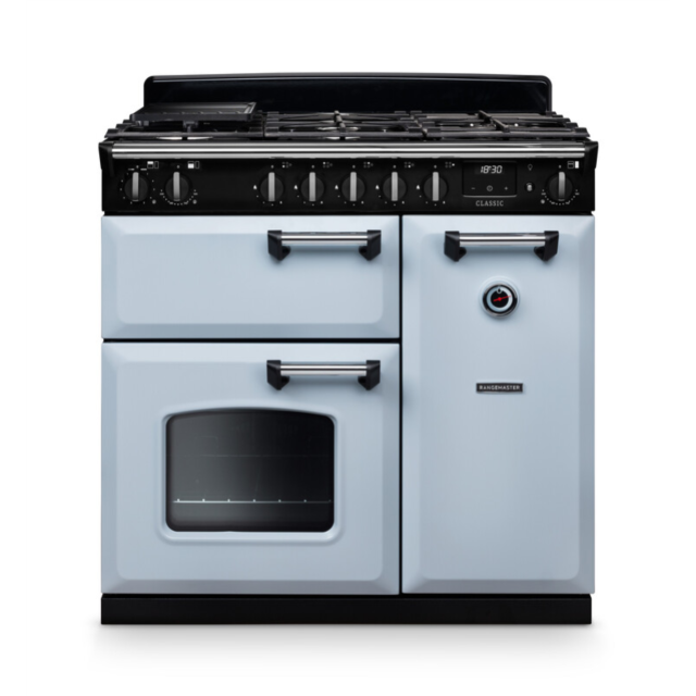 Rangemaster CL90DFPMSB/CM1 Classic 90 Dual Fuel Range Cooker - Misty Blue - A Rated