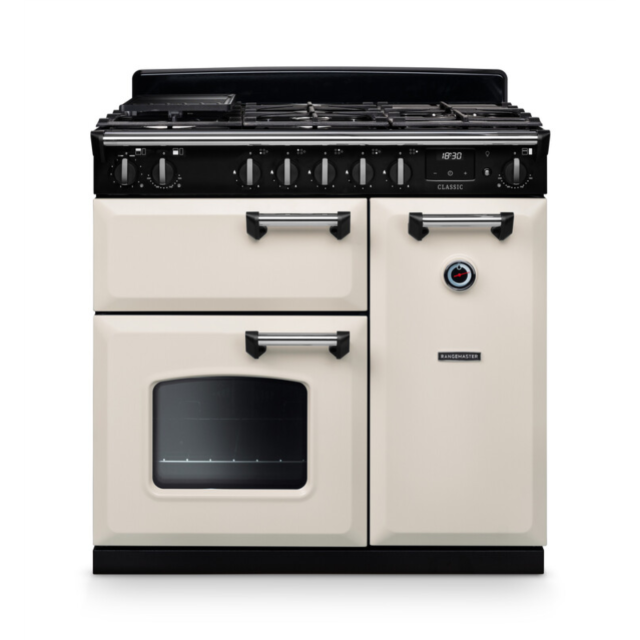 Rangemaster CL90DFPPCR/CM1 Classic 90 Dual Fuel Range Cooker - Pale Cream - A Rated