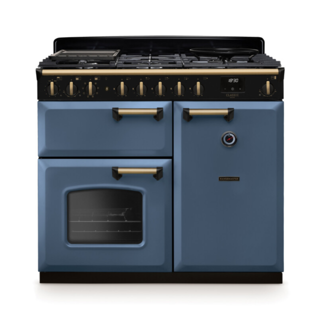 Rangemaster CLDL100DFPSTB/AB1 Classic Deluxe 100 Dual Fuel Range Cooker - Stone Blue - A Rated