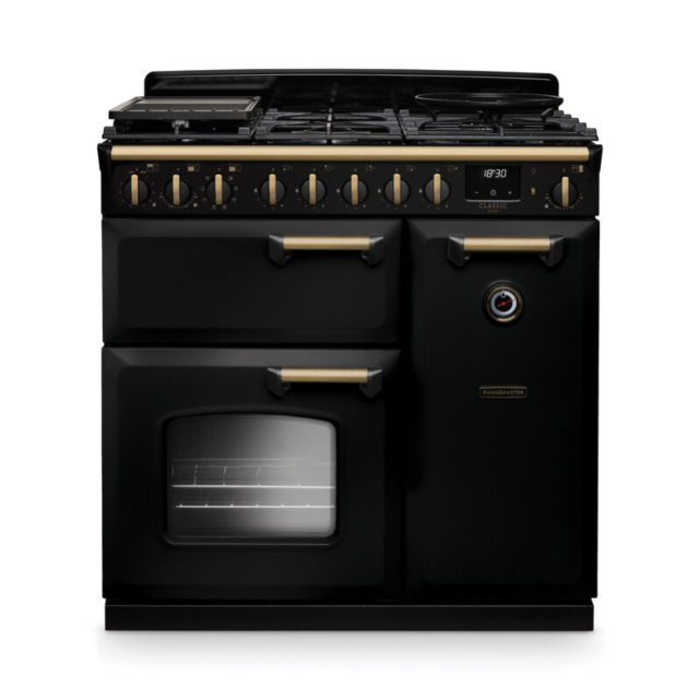 Rangemaster CLDL90DFPGBL/AB1 Classic Deluxe 90 Dual Fuel Range Cooker - Gloss Black - A Rated