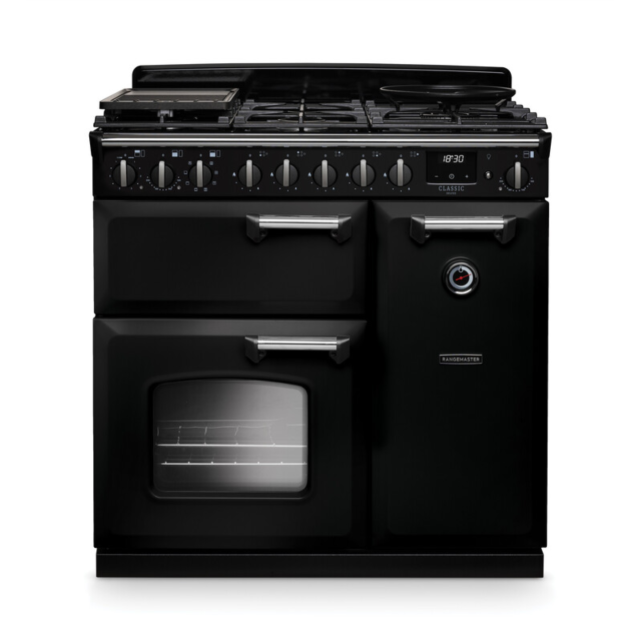 Rangemaster CLDL90DFPGBL/CM1 Classic Deluxe 90 Dual Fuel Range Cooker - Gloss Black - A Rated