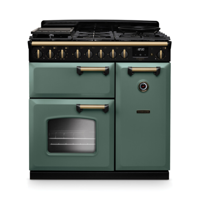 Rangemaster CLDL90DFPMGR/AB1 Classic Deluxe 90 Dual Fuel Range Cooker - Mineral Green - A Rated