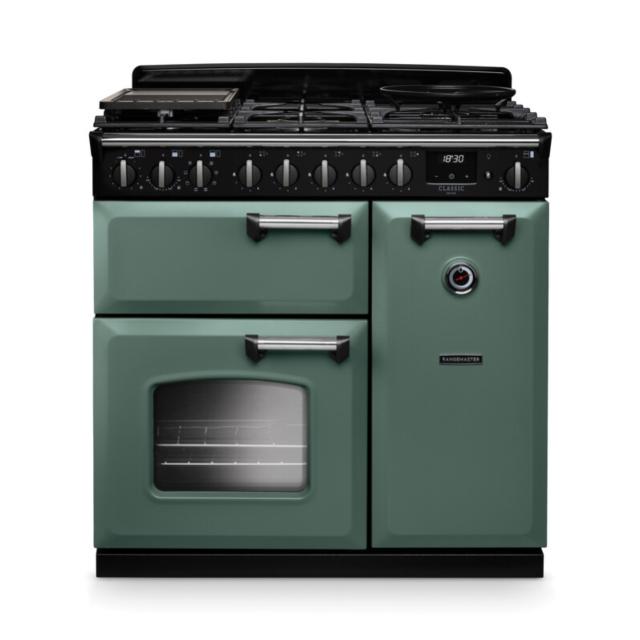 Rangemaster CLDL90DFPMGR/CM1 Classic Deluxe 90 Dual Fuel Range Cooker - Mineral Green - A Rated