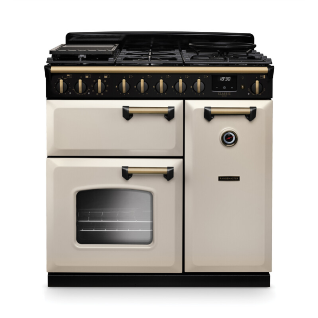 Rangemaster CLDL90DFPPCR/AB1 Classic Deluxe 90 Dual Fuel Range Cooker - Pale Cream - A Rated