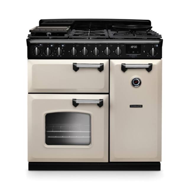 Rangemaster CLDL90DFPPCR/CM1 Classic Deluxe 90 Dual Fuel Range Cooker - Pale Cream - A Rated