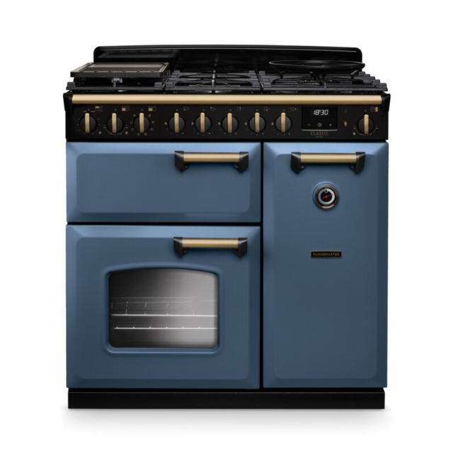 Rangemaster CLDL90DFPSTB/AB1 Classic Deluxe 90 Dual Fuel Range Cooker - Stone Blue - A Rated