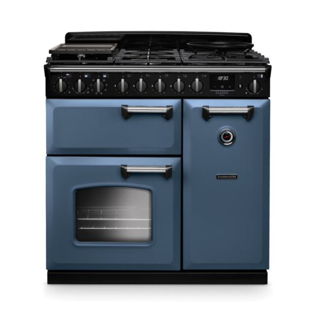 Rangemaster CLDL90DFPSTB/CM1 Classic Deluxe 90 Dual Fuel Range Cooker - Stone Blue - A Rated