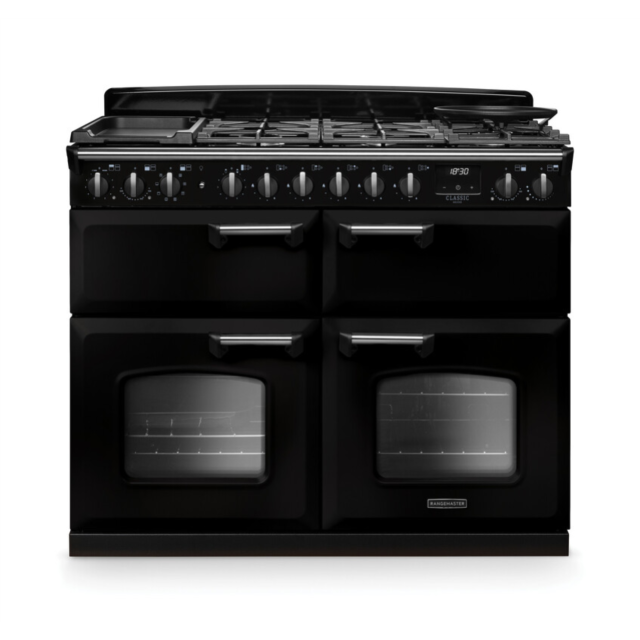 Rangemaster CLDLB110DFPGBL/CM1 Classic Deluxe 110 Dual Fuel Range Cooker - Gloss Black - A Rated