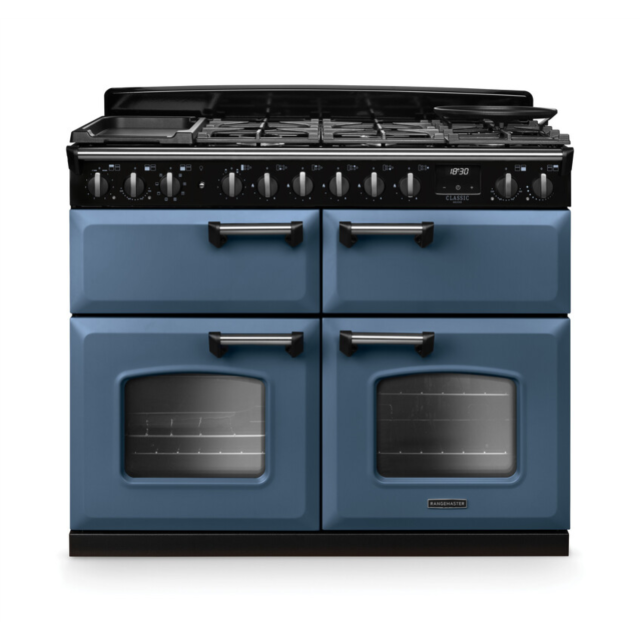 Rangemaster CLDLB110DFPSTB/CM1 Classic Deluxe 110 Dual Fuel Range Cooker - Stone Blue - A Rated