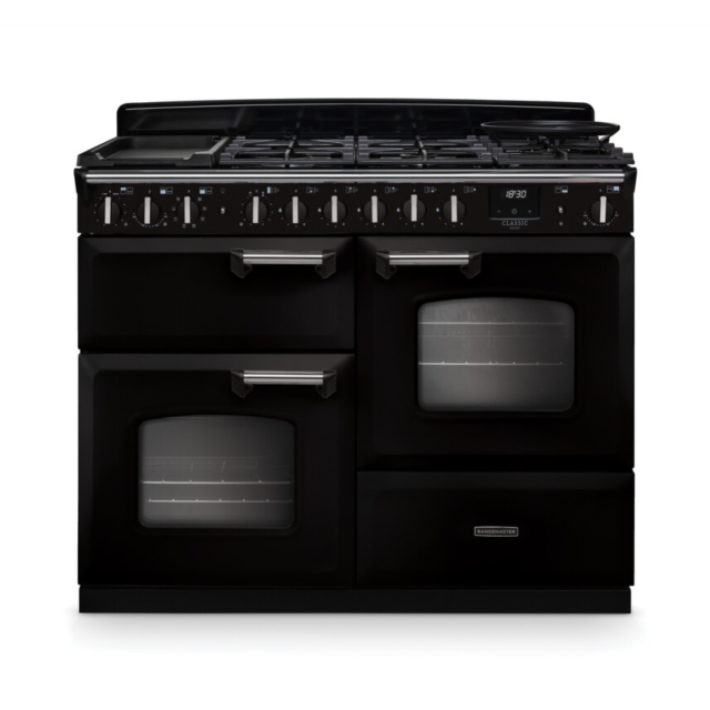Rangemaster CLDLO110DFPGBL/CM1 Classic Deluxe 110 Dual Fuel Range Cooker - Gloss Black - A Rated