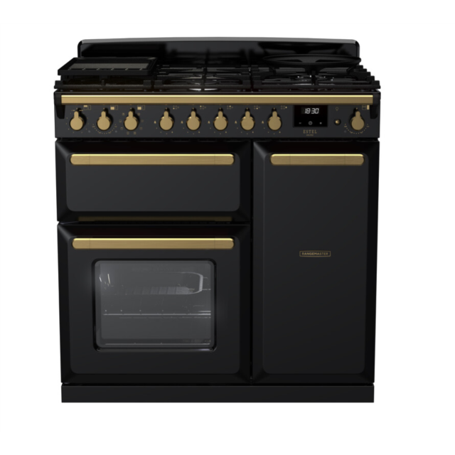 Rangemaster ESDL90DFPGBL/AB1 Estel Deluxe 90 Dual Fuel Range Cooker - Gloss Black - A Rated