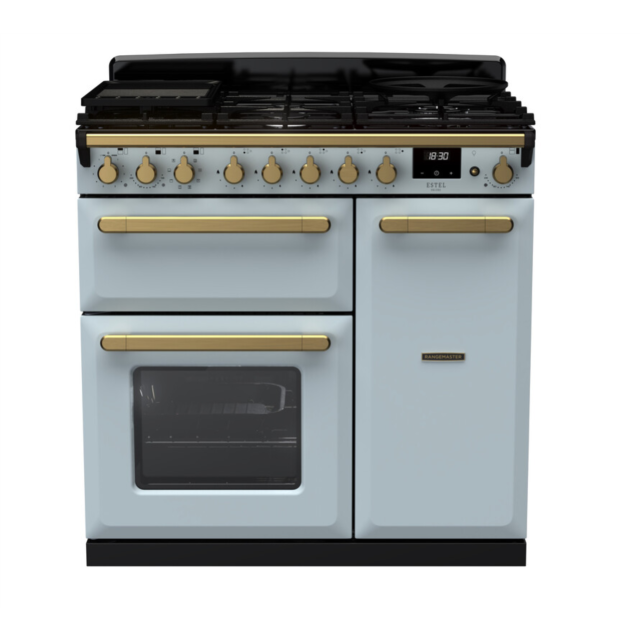 Rangemaster ESDL90DFPMSB/AB1 Estel Deluxe 90 Dual Fuel Range Cooker - Misty Blue - A Rated