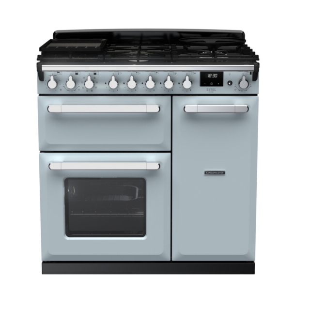 Rangemaster ESDL90DFPMSB/CM1 Estel Deluxe 90 Dual Fuel Range Cooker - Misty Blue - A Rated