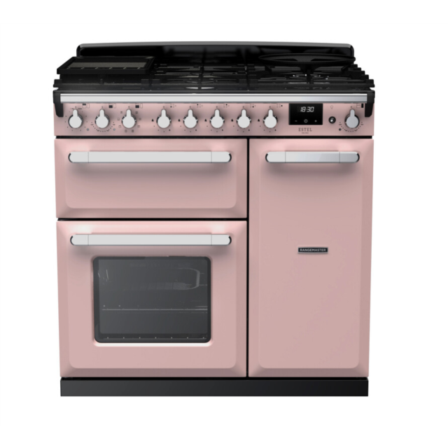 Rangemaster ESDL90DFPPPK/CM1 Estel Deluxe 90 Dual Fuel Range Cooker - Pale Pink - A Rated