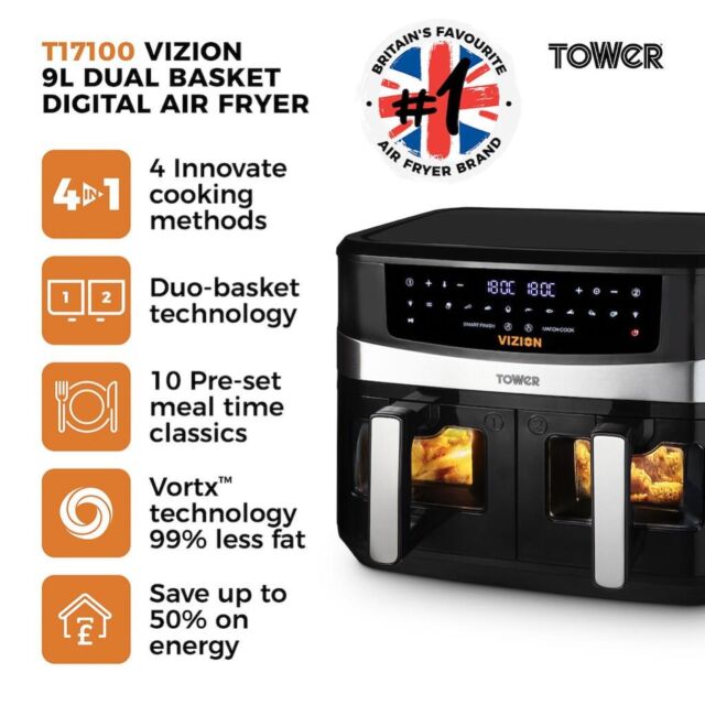 Tower T17100 Vortx Vizion 9LT Dual Basket Air Fryer Digital Black