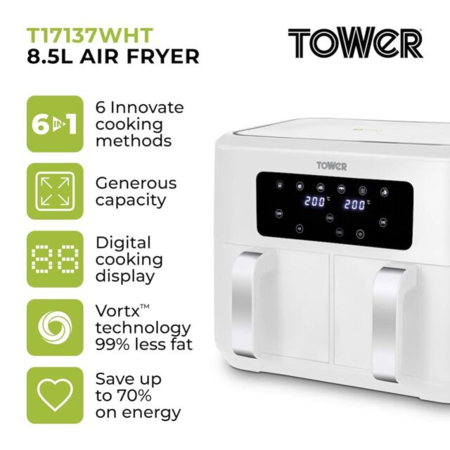 Tower T17137WHT Vortx 8.5L Dual Basket Air Fryer Digital - White