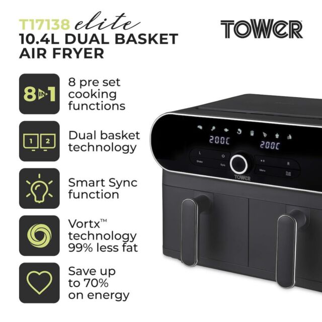 Tower T17138 Vortx Elite 10.4L Dual Basket Air Fryer Digital - Graphite