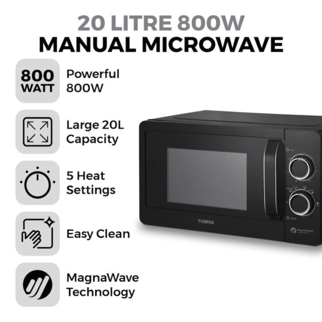 Tower T24042BLK 20L 800W Manual Microwave - Black