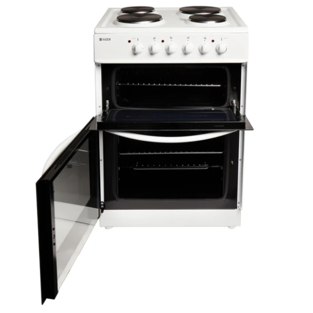 Haden HEST60W Electric Twin Cavity Freestanding Cooker with 4 solid plate hob 
