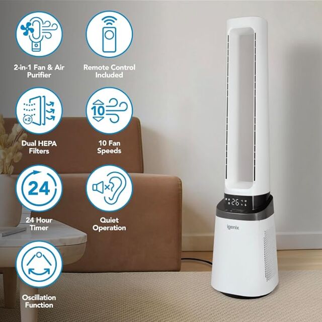 Igenix IGFD02549W 41 Inch Bladeless Fan With Air Purifier, 2-In-1 Cooling Tower Fan