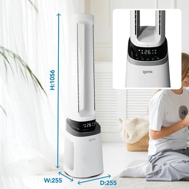 Igenix IGFD02549W 41 Inch Bladeless Fan With Air Purifier, 2-In-1 Cooling Tower Fan
